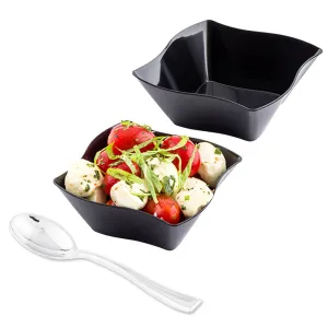 100 6 oz Square Black Plastic Aqua Bowls and 100 Silver Plastic 4" Mini Spoons