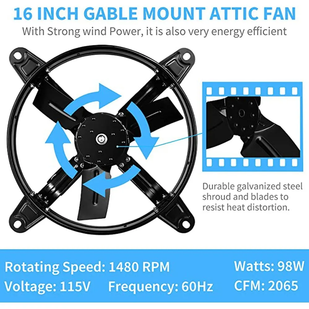 16 Inch Mount Fan Attic Gable Ventilator with Adjustable Temperature Thermostat, 2065 CFM, Black