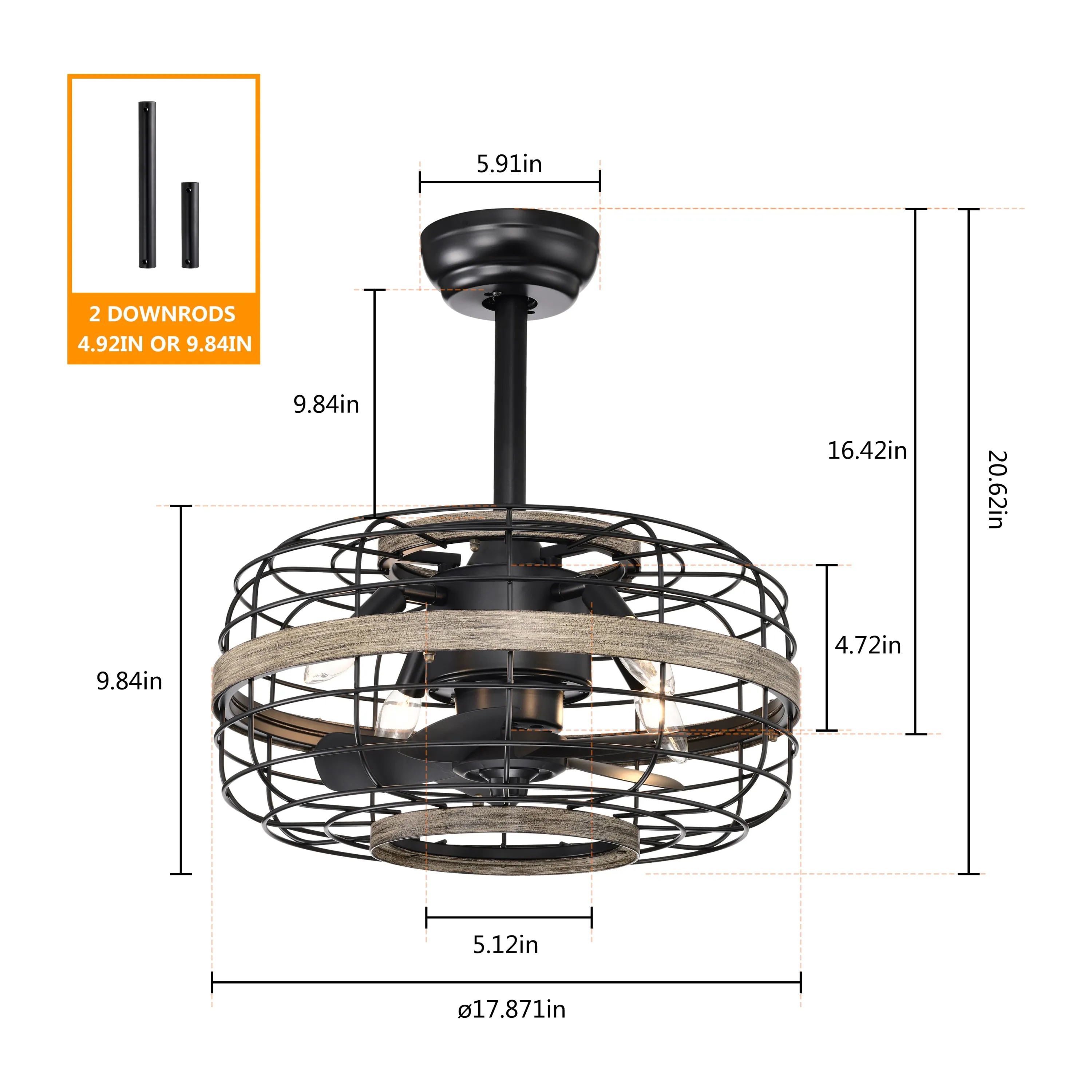 18'' Farmhouse Ceiling Fans  Light - Caged Ceiling Fan with Remote Control (3-Speeds Adjustable), Wood Rustic Enclosed Reversible Ceiling Fans