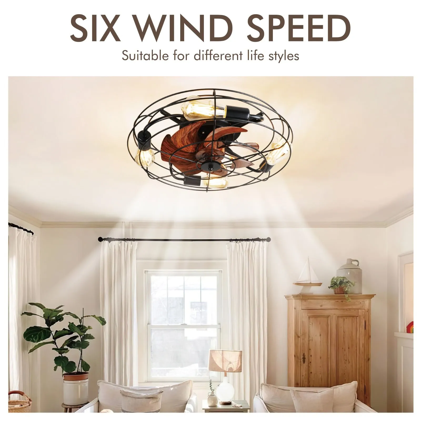 19.7' Caged Ceiling Fan with Light, Enclosed Bladeless Flush Mount Small Industrial Ceiling Fan with Light, Included 5 * 2700K Edison Bulbs,6 Wind Speed, Reversible, Quiet DC Motor