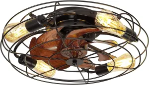 19.7' Caged Ceiling Fan with Light, Enclosed Bladeless Flush Mount Small Industrial Ceiling Fan with Light, Included 5 * 2700K Edison Bulbs,6 Wind Speed, Reversible, Quiet DC Motor