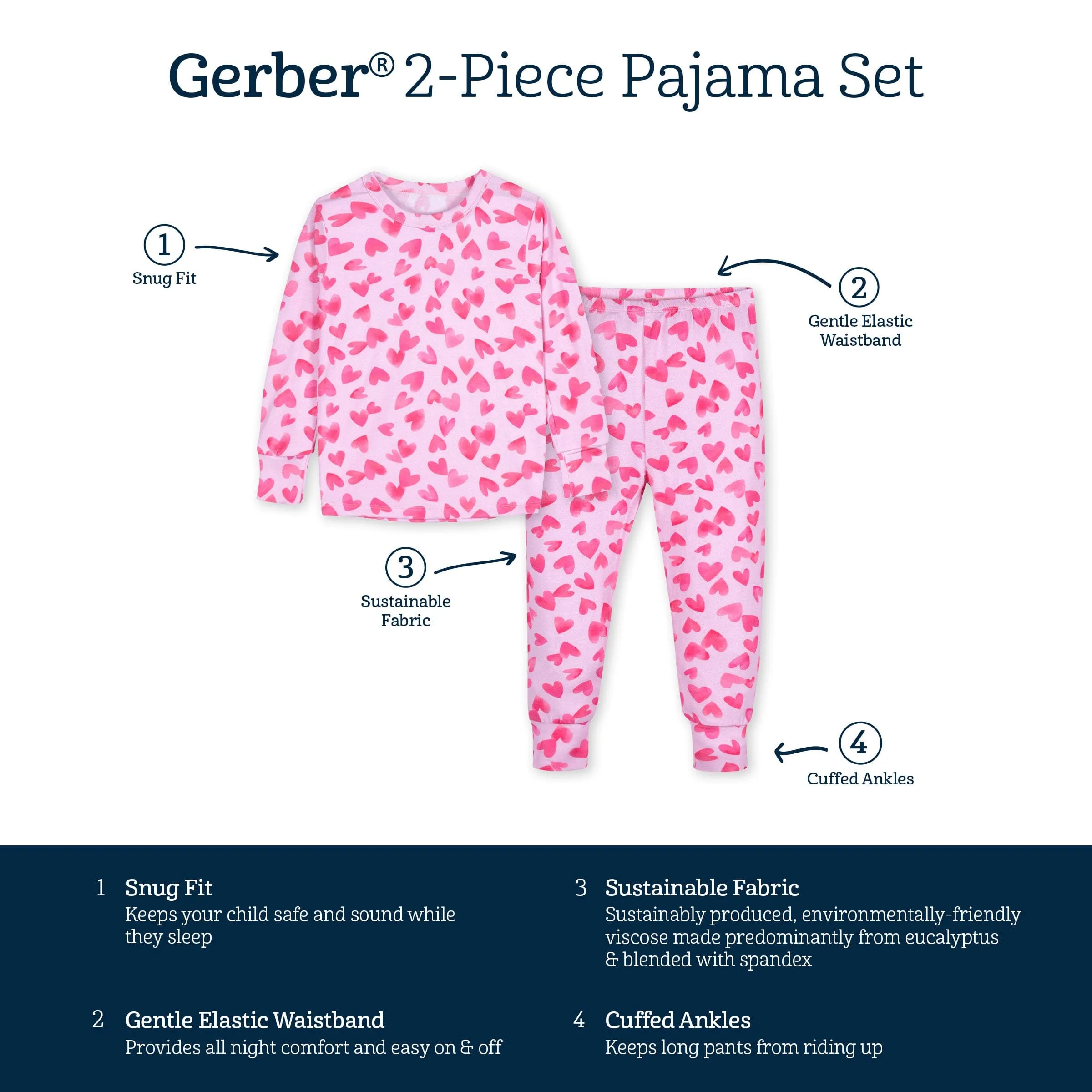 2-Piece Infant & Toddler Girls Heartfelt Buttery Soft Viscose Made from Eucalyptus Snug Fit Pajamas