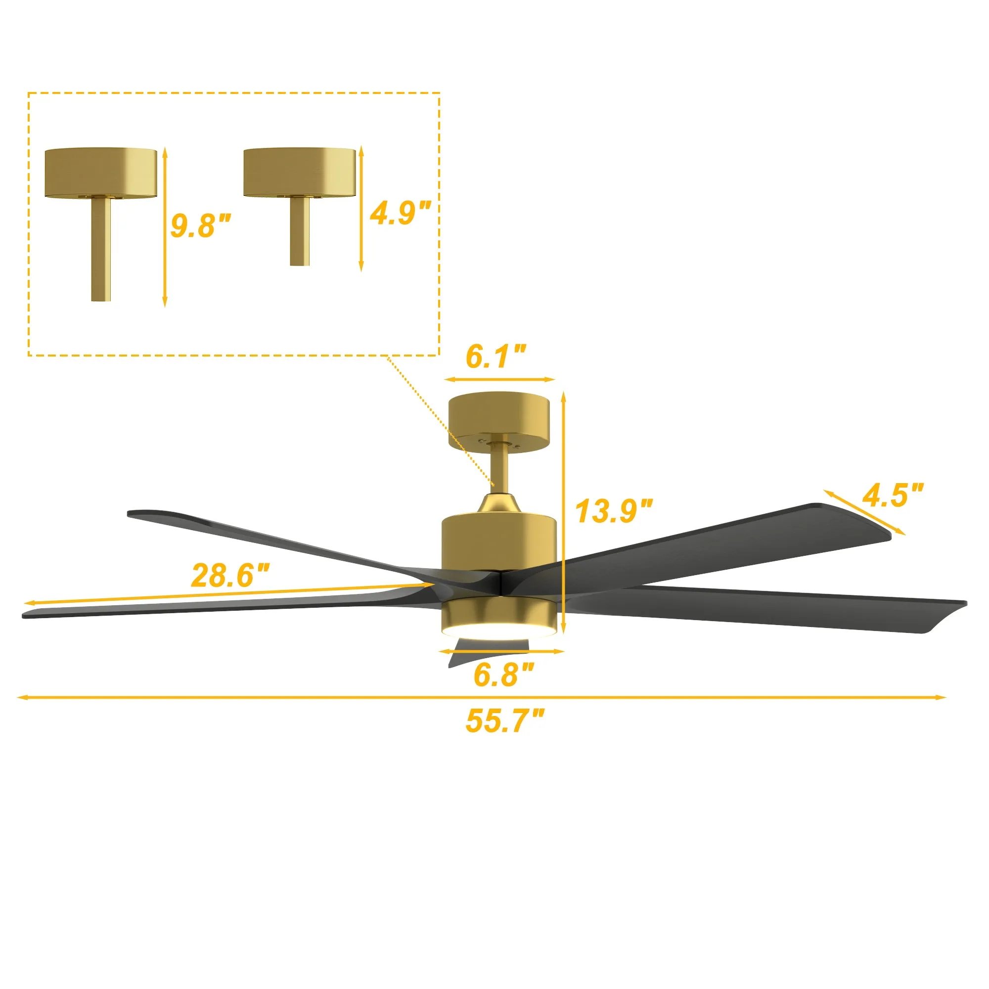 5-Blade Ceiling Fan with Black Wood Blades, LED Light, and Timer