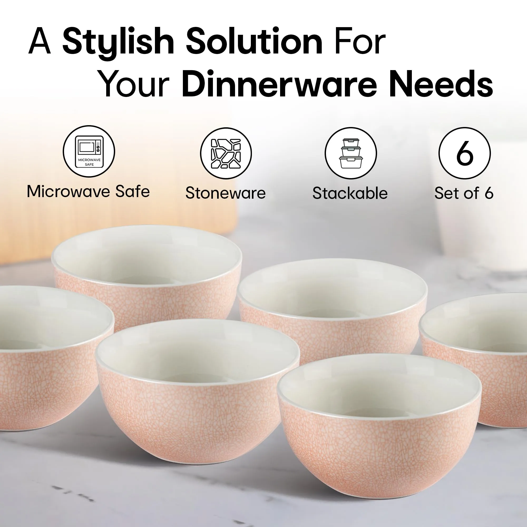 Anko 5.5" Bella Glazed Stoneware Bowls - Set of 6 | Premium Crockery for Dining Table Ideal for Serving Soup, Salad, Dessert | Designer Bowls for Home, Kitchen, Restaurant | Soft Pink