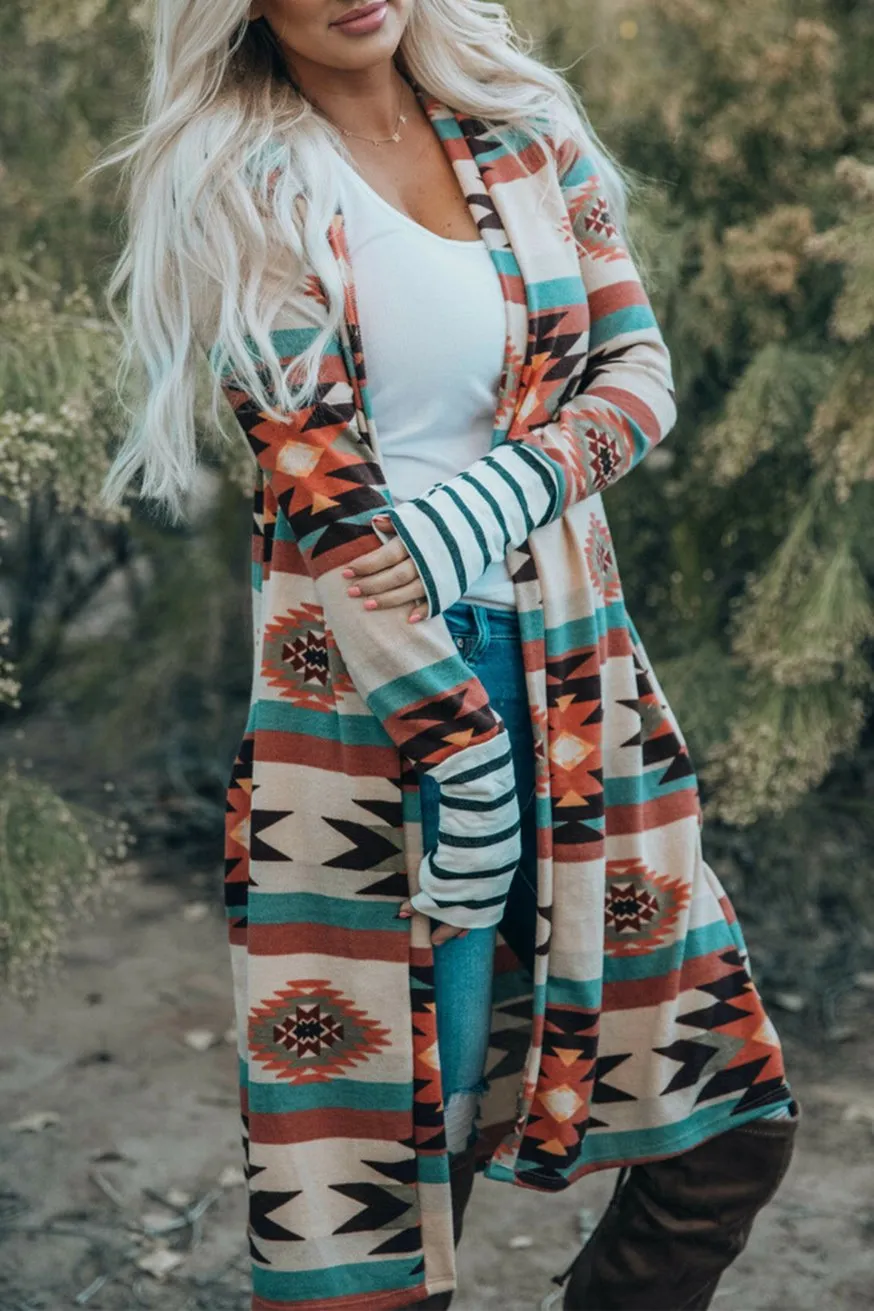 Aztec Stripe Open Front Long Cardigan