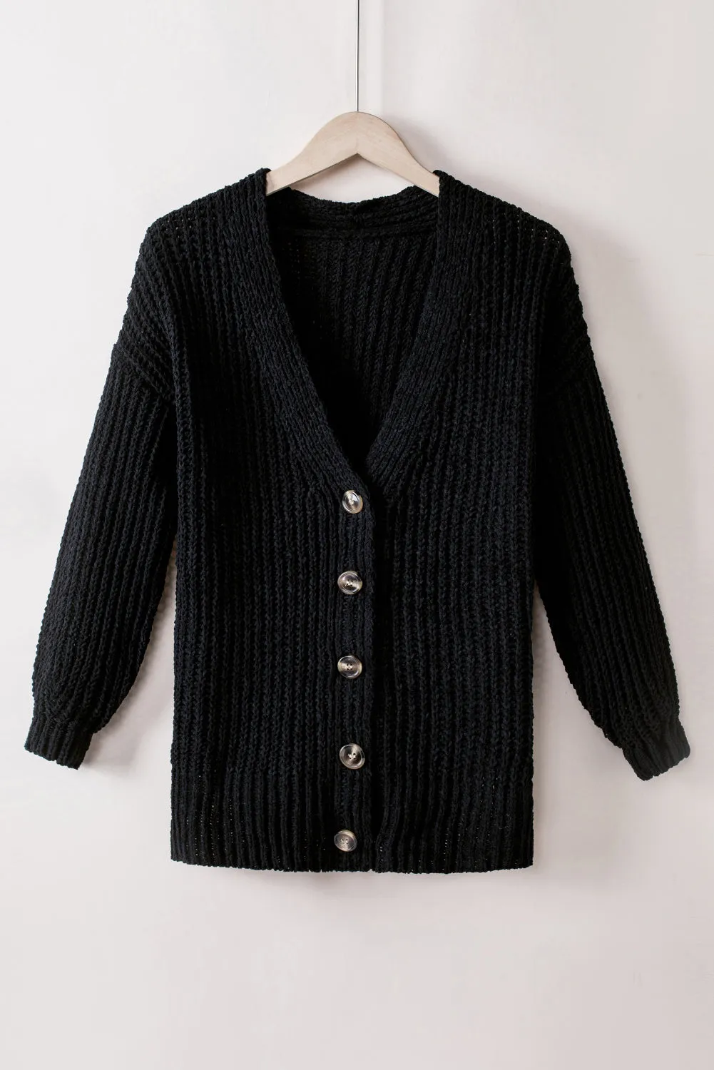 Black Buttoned Front Drop Shoulder Knitted Cardigan