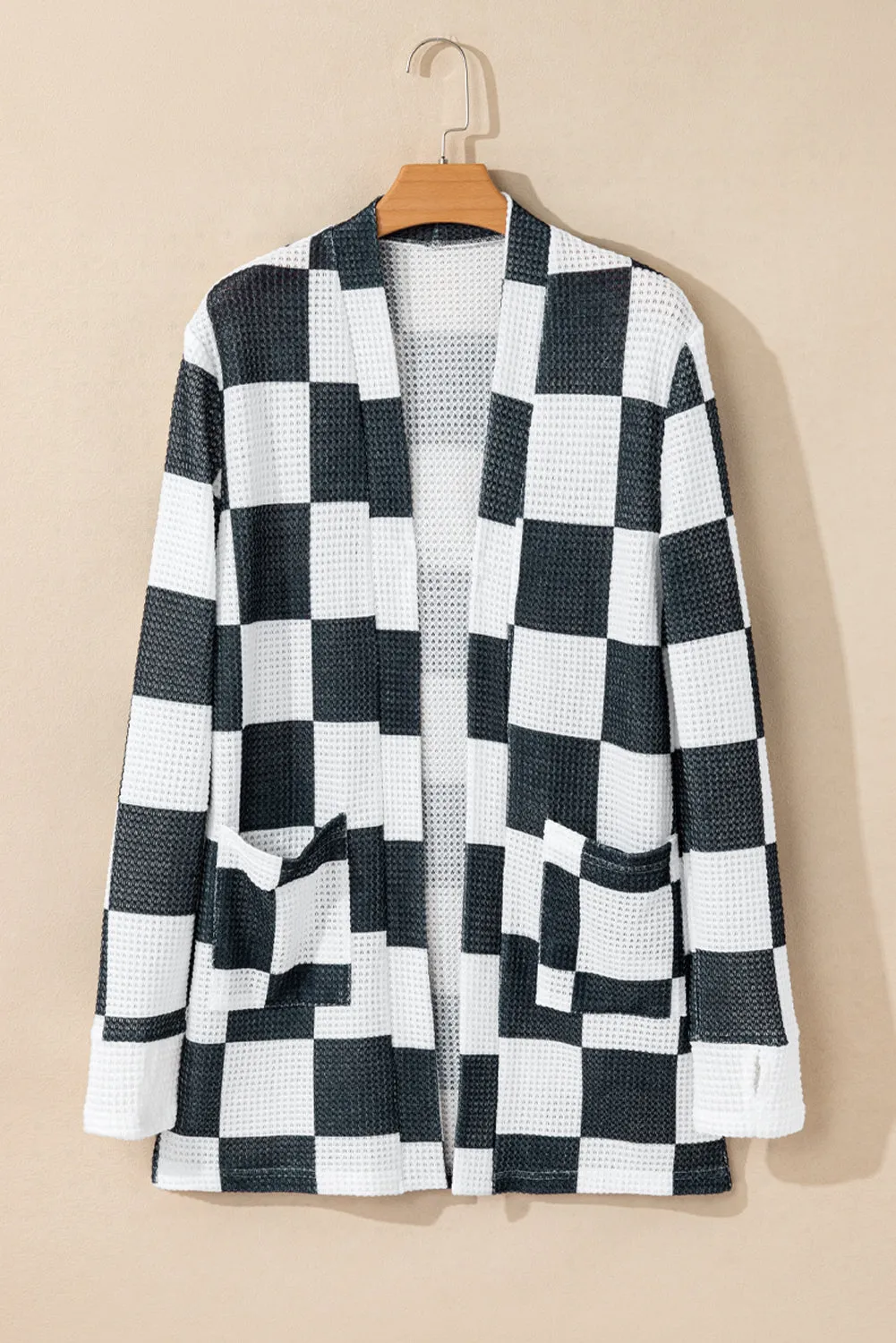 Black Checkered Waffle Knit Thumbhole Open Front Cardigan