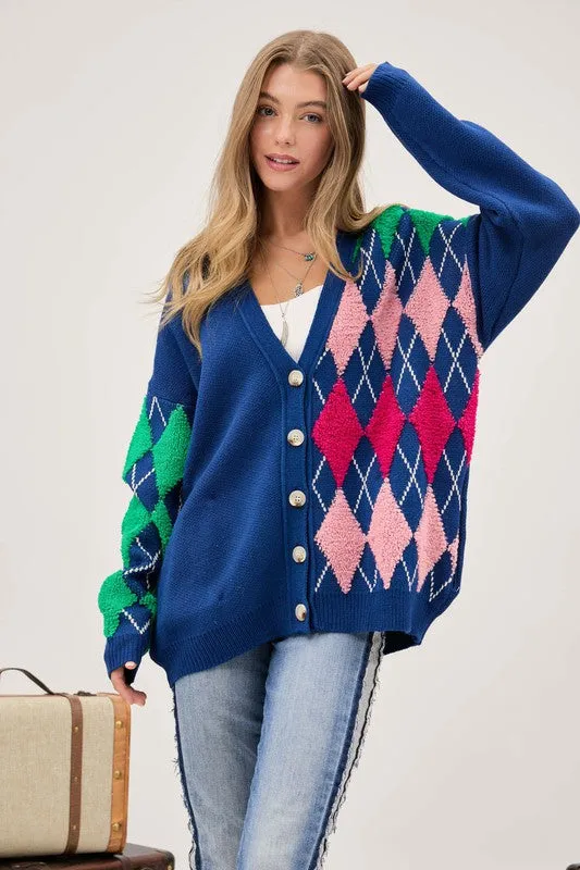 Bohemian Plush Argyle Button Front Loose Fit Knit Cardigan