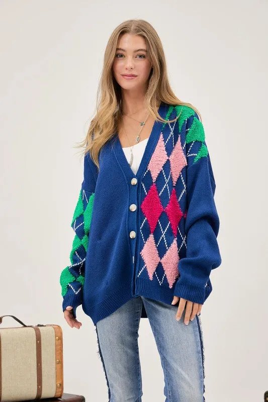 Bohemian Plush Argyle Button Front Loose Fit Knit Cardigan