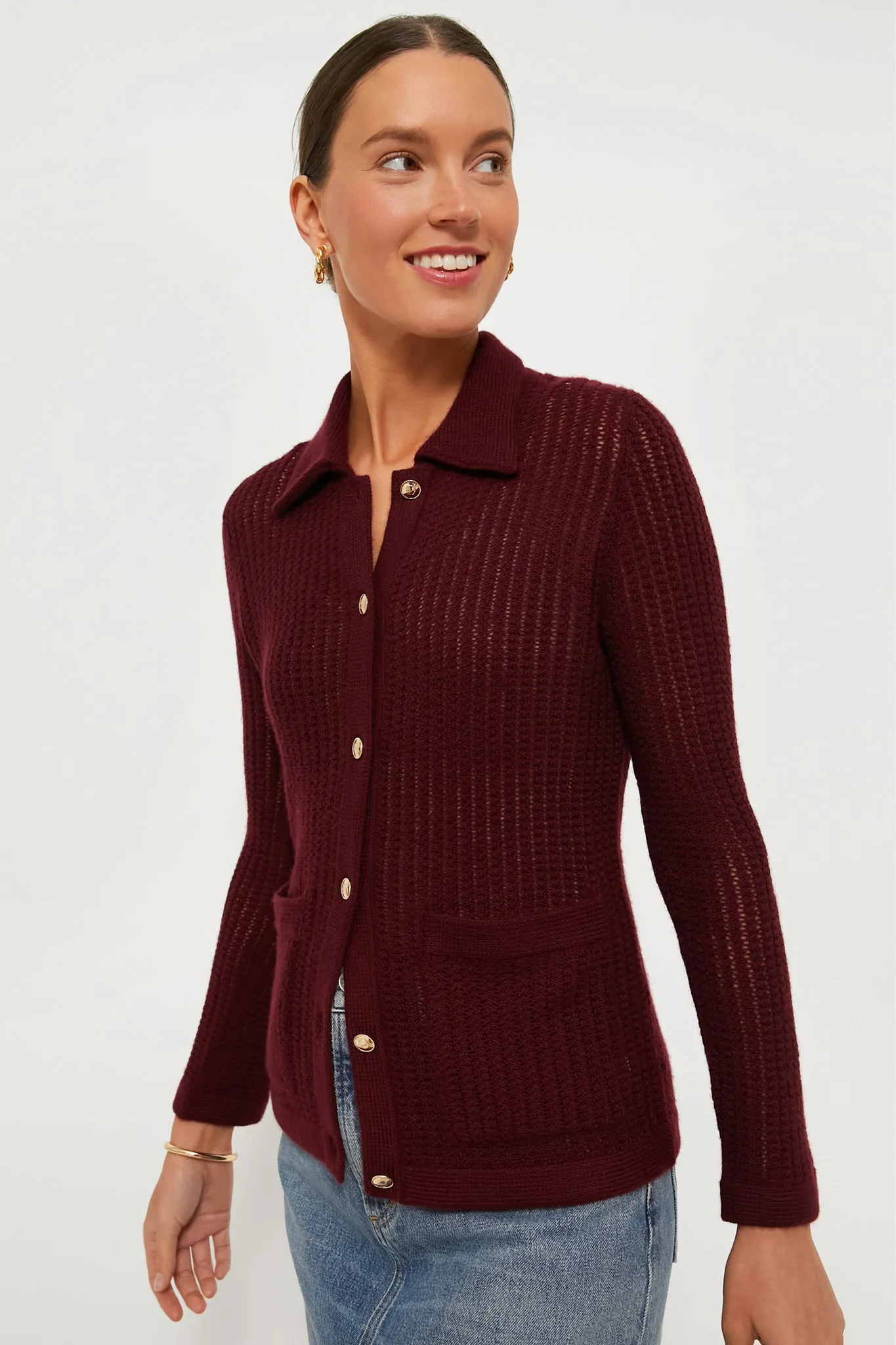 Burgundy Pointelle Cashmere Blouse