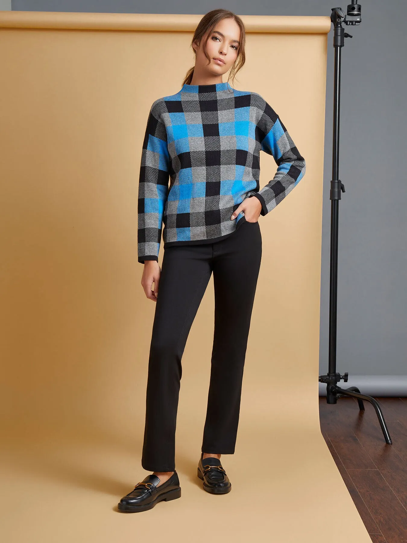 Checked Mock Neck Jacquard Sweater