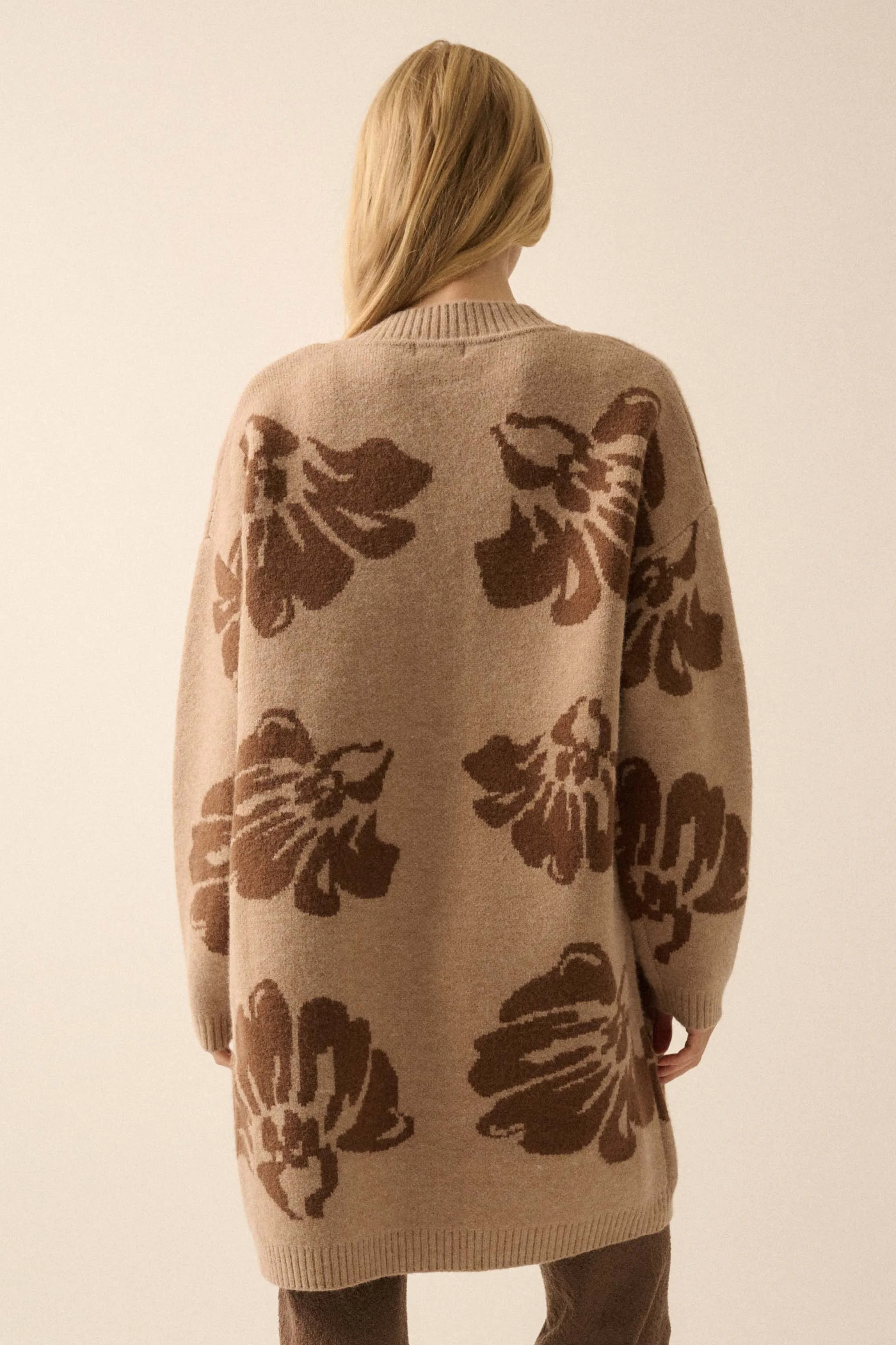 Cozy Blooms Open-Front Floral Jacquard Cardigan