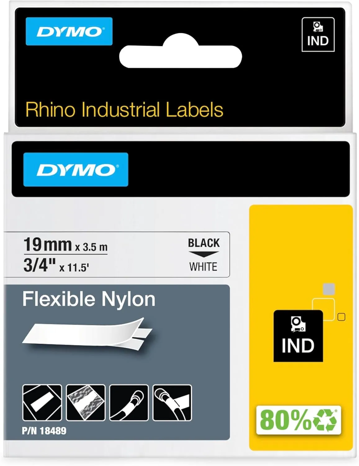 DYMO Rhino Industrial Flexible Nylon Labels, 3/4" X 11.5', Black Print on White Tape