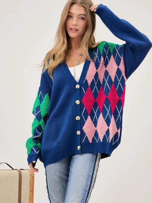 Express Your Style Argyle Button Front Loose Fit Knit Cardigan