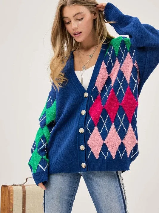 Express Your Style Argyle Button Front Loose Fit Knit Cardigan