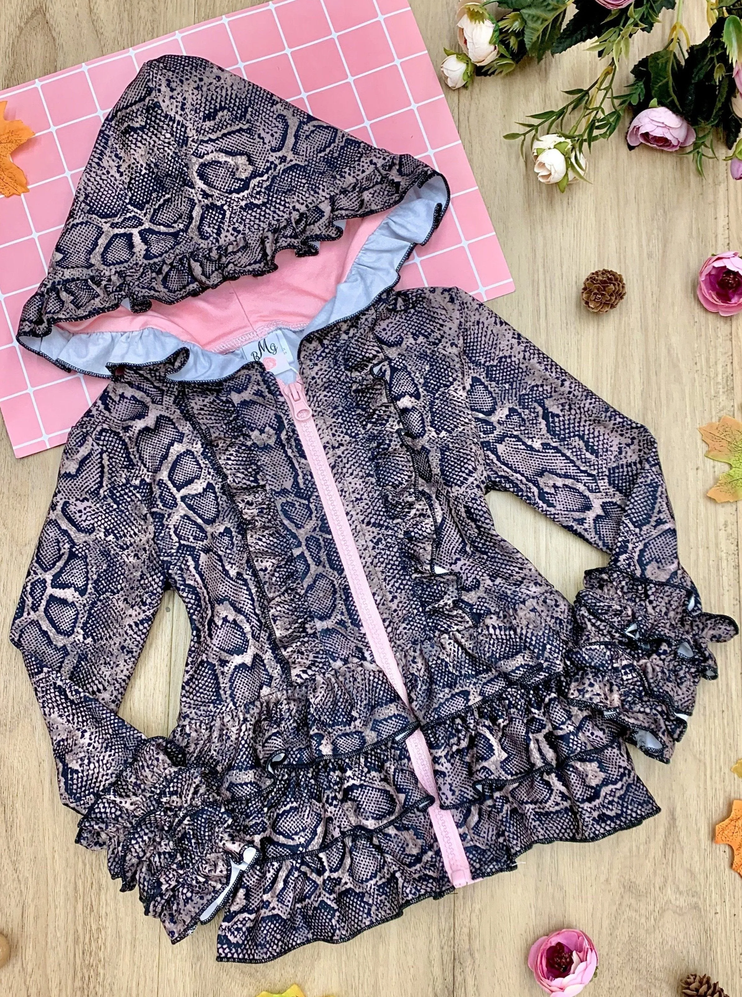 Girls Animal Print Tiered Ruffled Hooded Cardigan