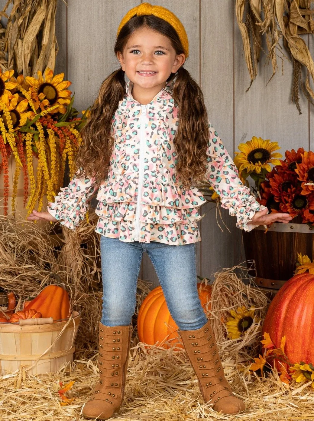 Girls Animal Print Tiered Ruffled Hooded Cardigan