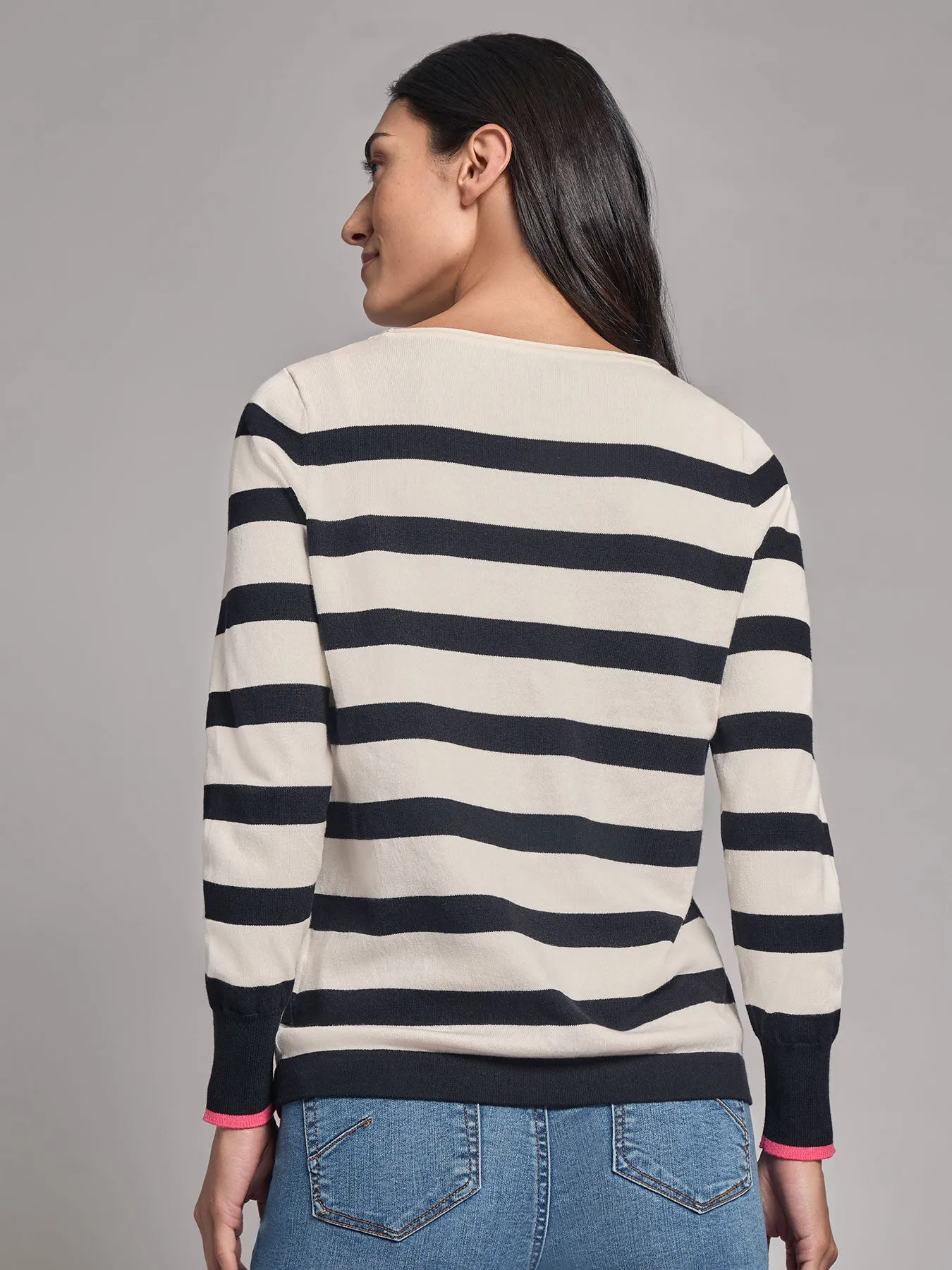 Heart Detail Strip Boat Neck Sweater