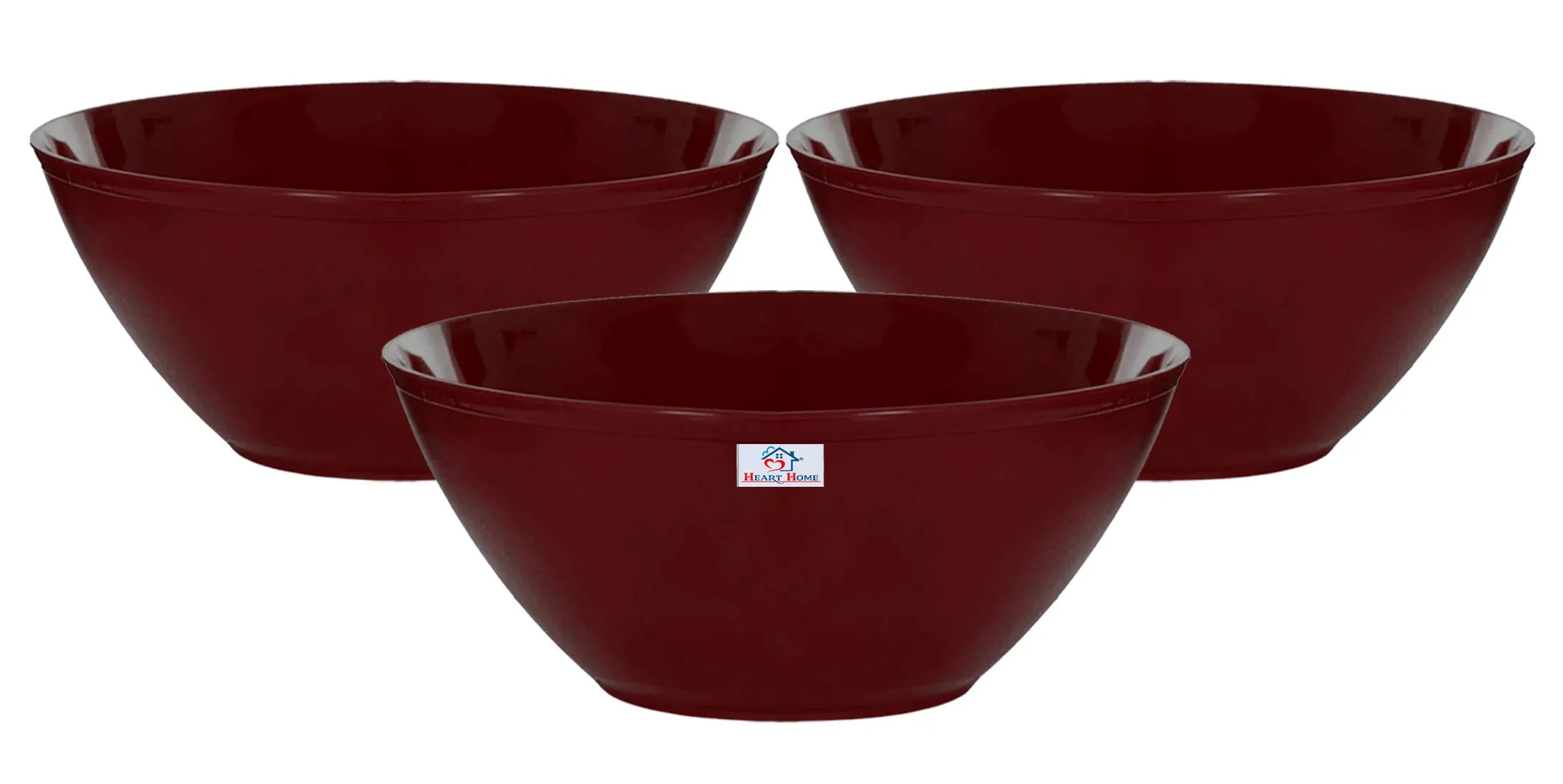 Heart Home Plastic Solid Bowl - 1500ml, Set of 3, Brown