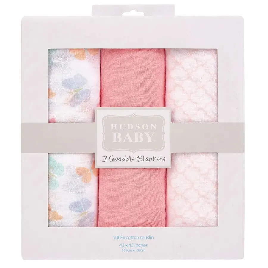 Hudson Baby Muslin Swaddle Blanket Gift 3pc - Butterfly