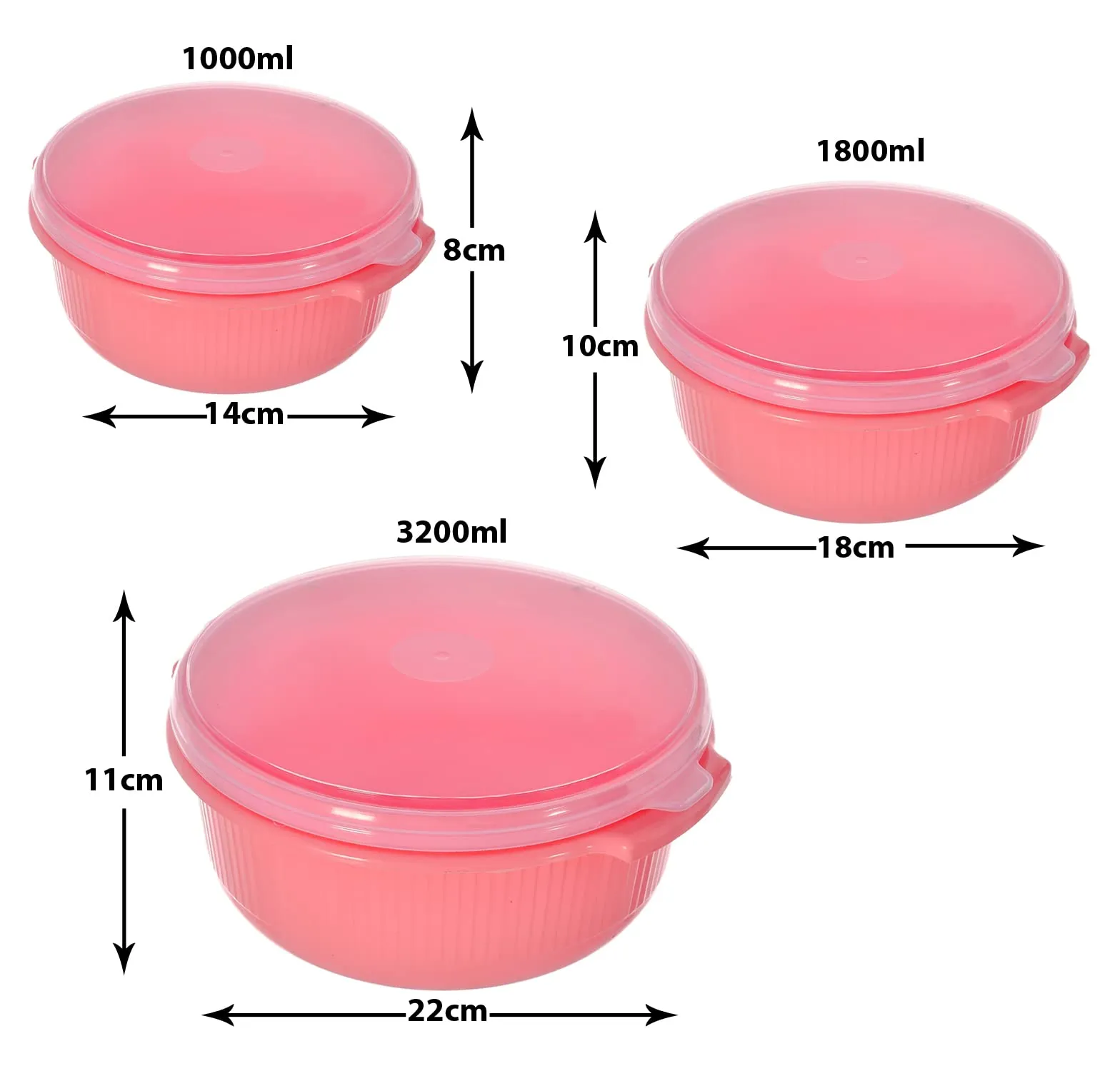 Kuber Industries Food Grade, Microwave & Freezer Safe Plastic Bowls, Food Storage Container Set With Lid, Set of 3 (3200ml, 1800ml, 1000ml) (Pink)-46KM0320