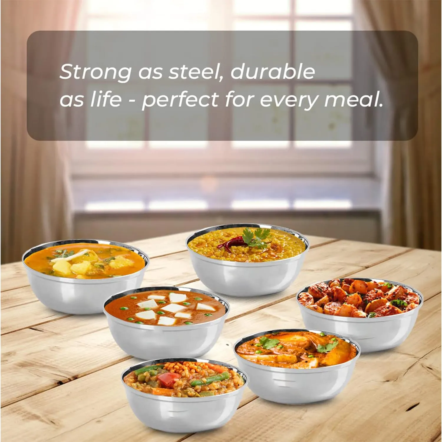 Kuber Industries Stainless Steel Bowl Kitchen Set | Durable & Wobble Free Base | Rust Proof, Easy to Clean & Store | Essential Indian Dinnerware & Crockery | Steel Bowl Set of 6 (Pack of 4)