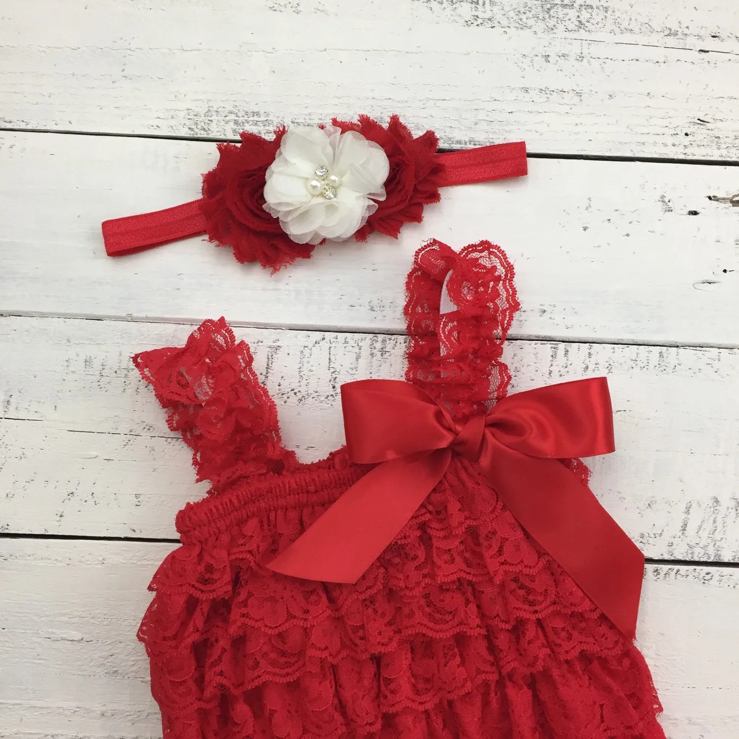 Lace Petti Romper - Embellished Christmas Red Lace Petti Romper and matching red/ivory headband