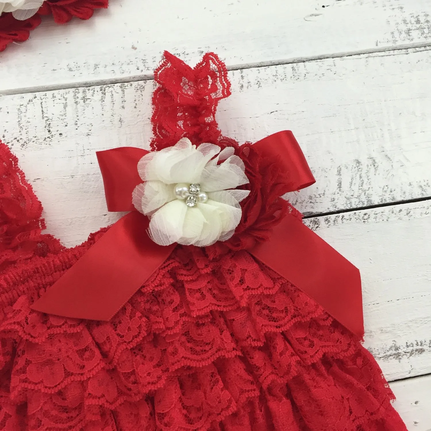 Lace Petti Romper - Embellished Christmas Red Lace Petti Romper and matching red/ivory headband