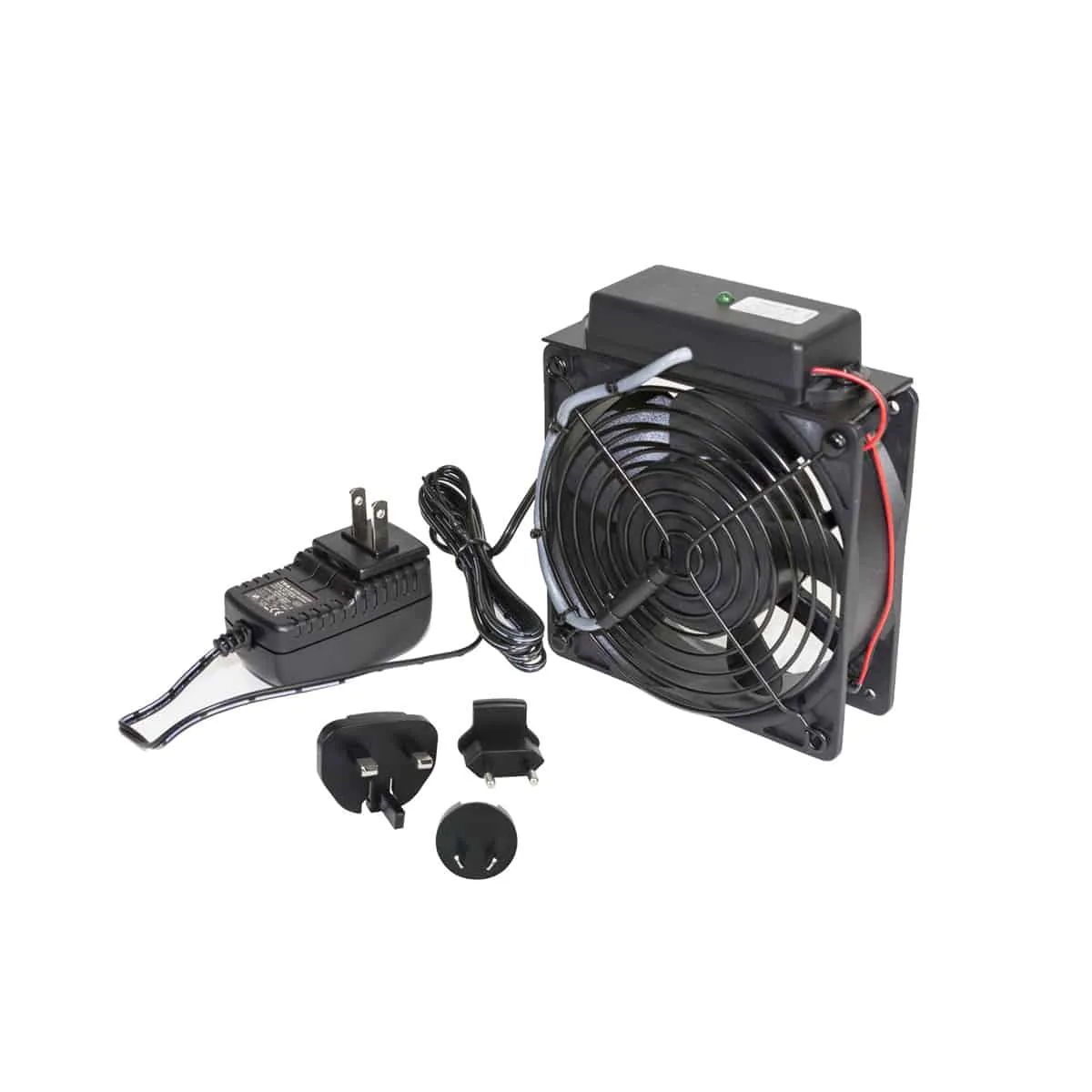 Lowell Mfg DC Standalone Fan, (1) 4.7in Fan, 73cfm total, 33dB, universal power supply w adaptors, Thermostat Probe