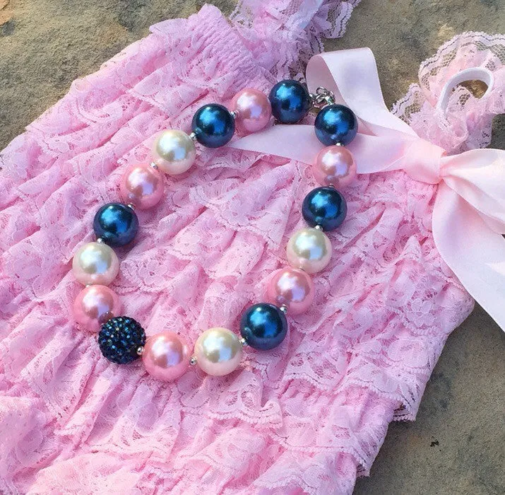 Navy, Pink and Ivory Chunky Beaded Necklace