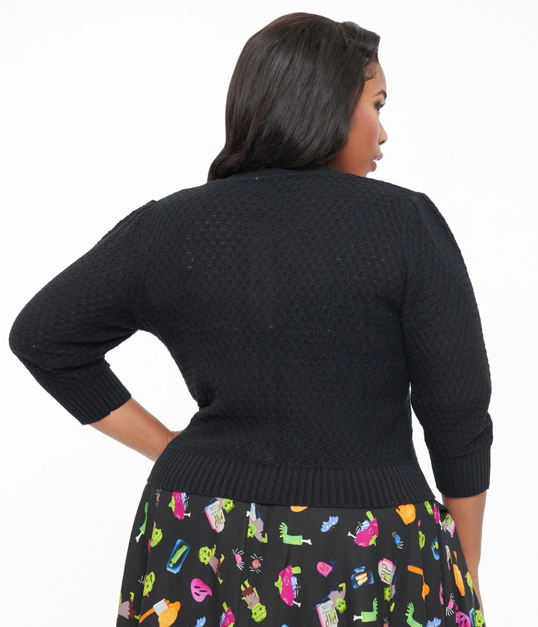 Plus Size Retro Style Black Cotton Crochet Sleeved Button Cardigan