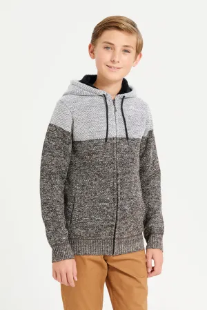 Senior Boys Grey Cut And Sew Stripe Hoody Cardigan