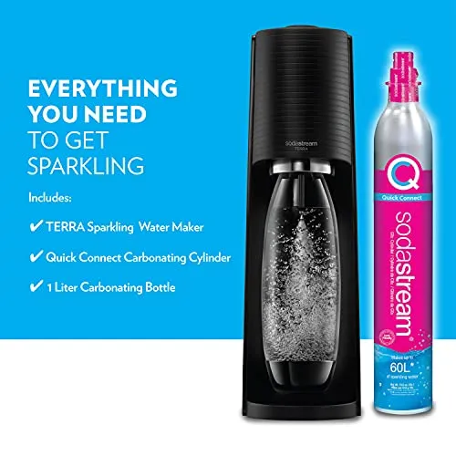 SodaStream Terra Sparkling Water Maker (Black) with CO2, DWS Bottle and Bubly Drop, Battery Powered