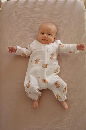 Soft Cotton Muslin Rompers, Zip Up - Bunnies (0-12 months)