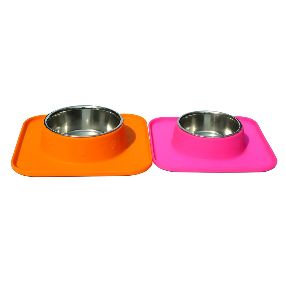 Square Silicon with Stainless Steel Pet Bowl-Hot Pink