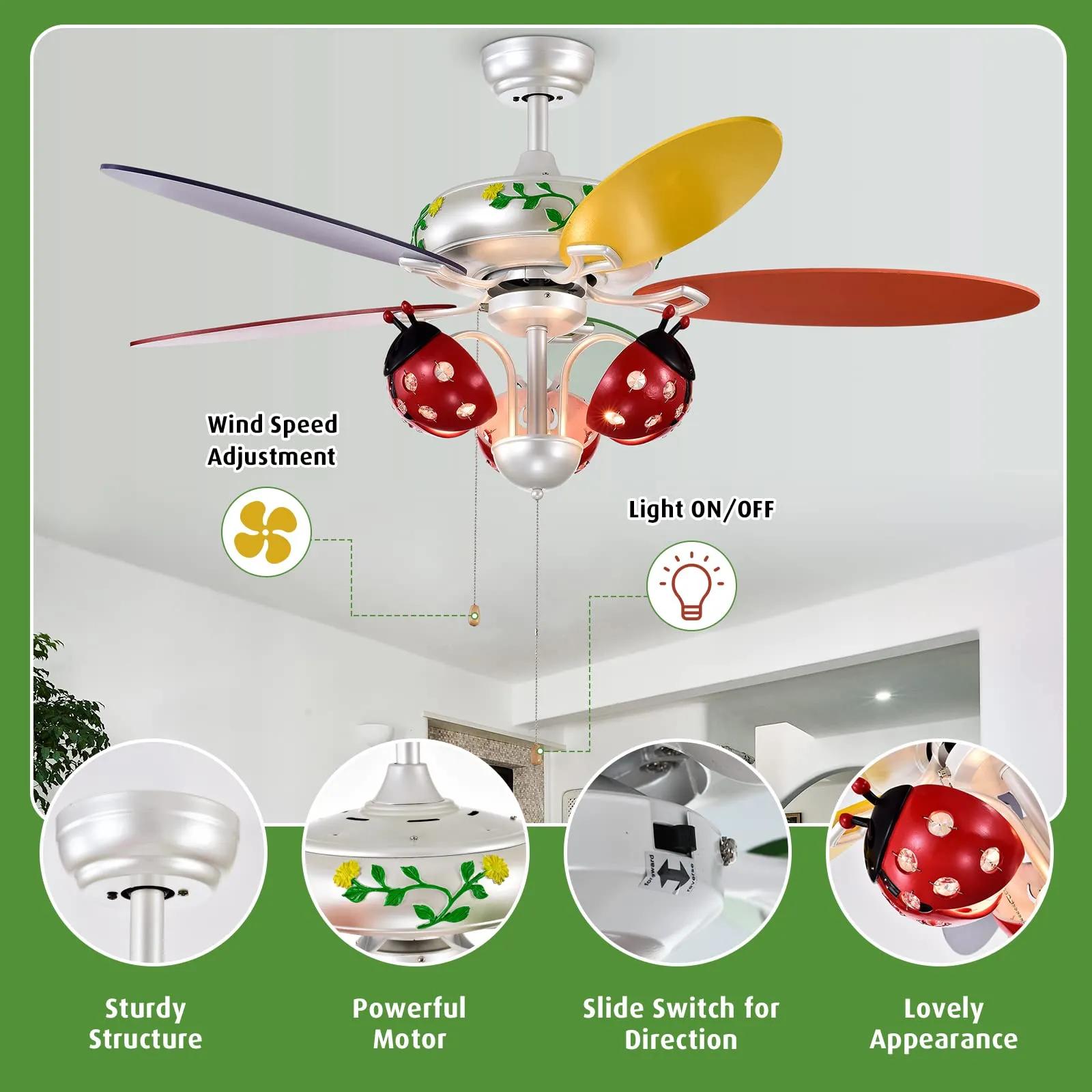 Tangkula 52"Ceiling Fan with Pull Chain Control, Kids Fan Light with 5 Colorful Blades and 3-Speed,Multi-Color