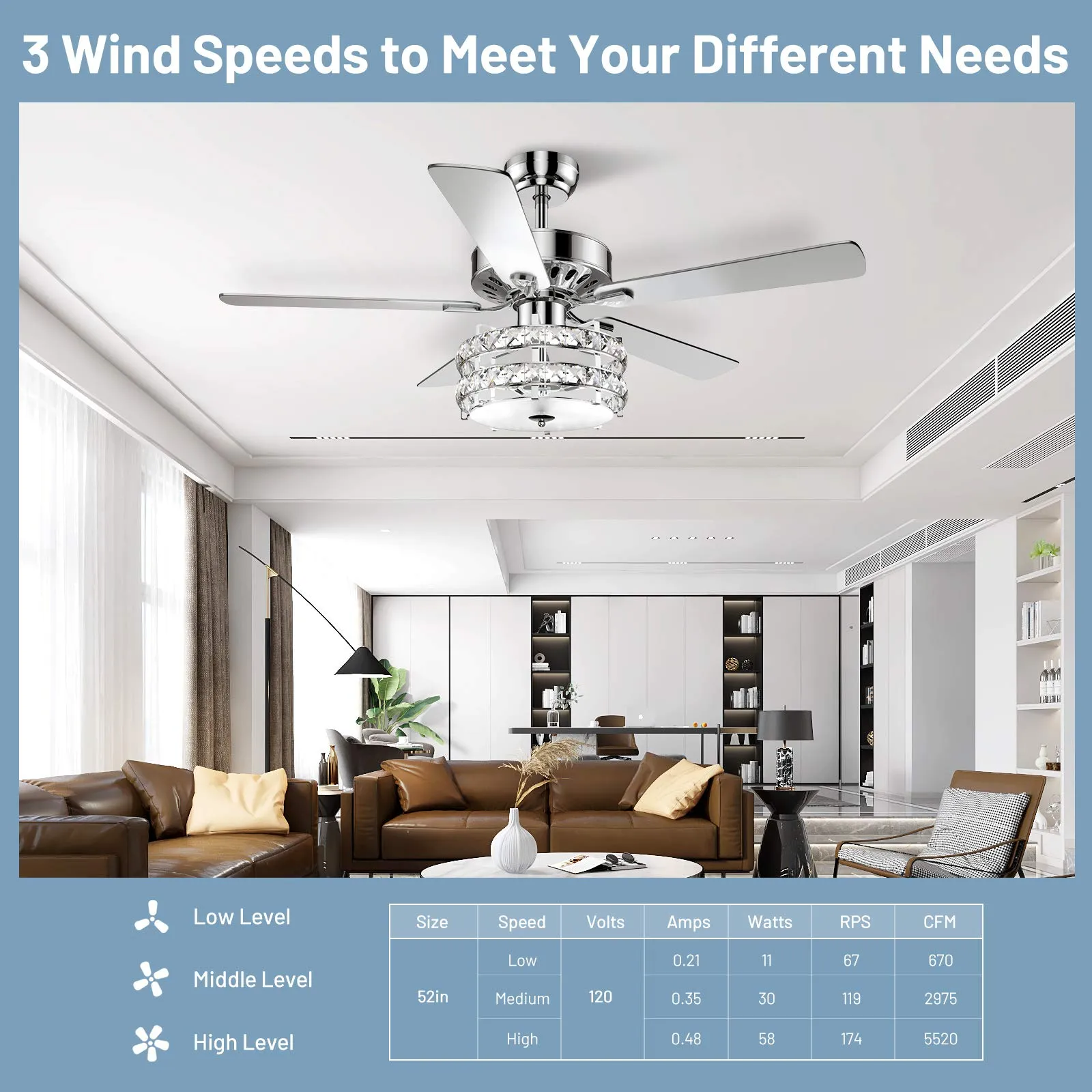 Tangkula Ceiling Fan with Crystal Light, 52 Inches Classical Ceiling Fan with Remote Control & 5 Iron Reversible Blades