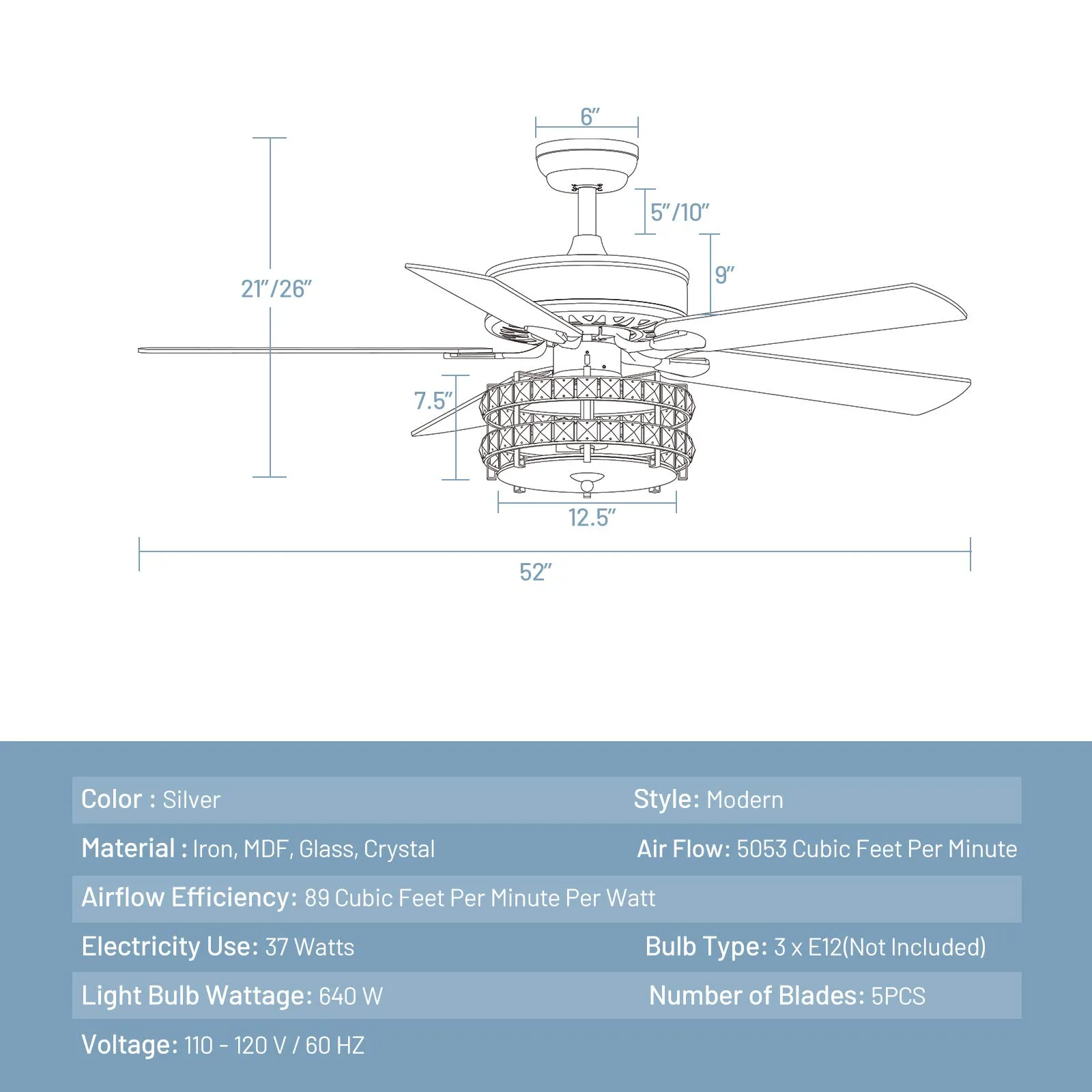 Tangkula Ceiling Fan with Crystal Light, 52 Inches Classical Ceiling Fan with Remote Control & 5 Iron Reversible Blades