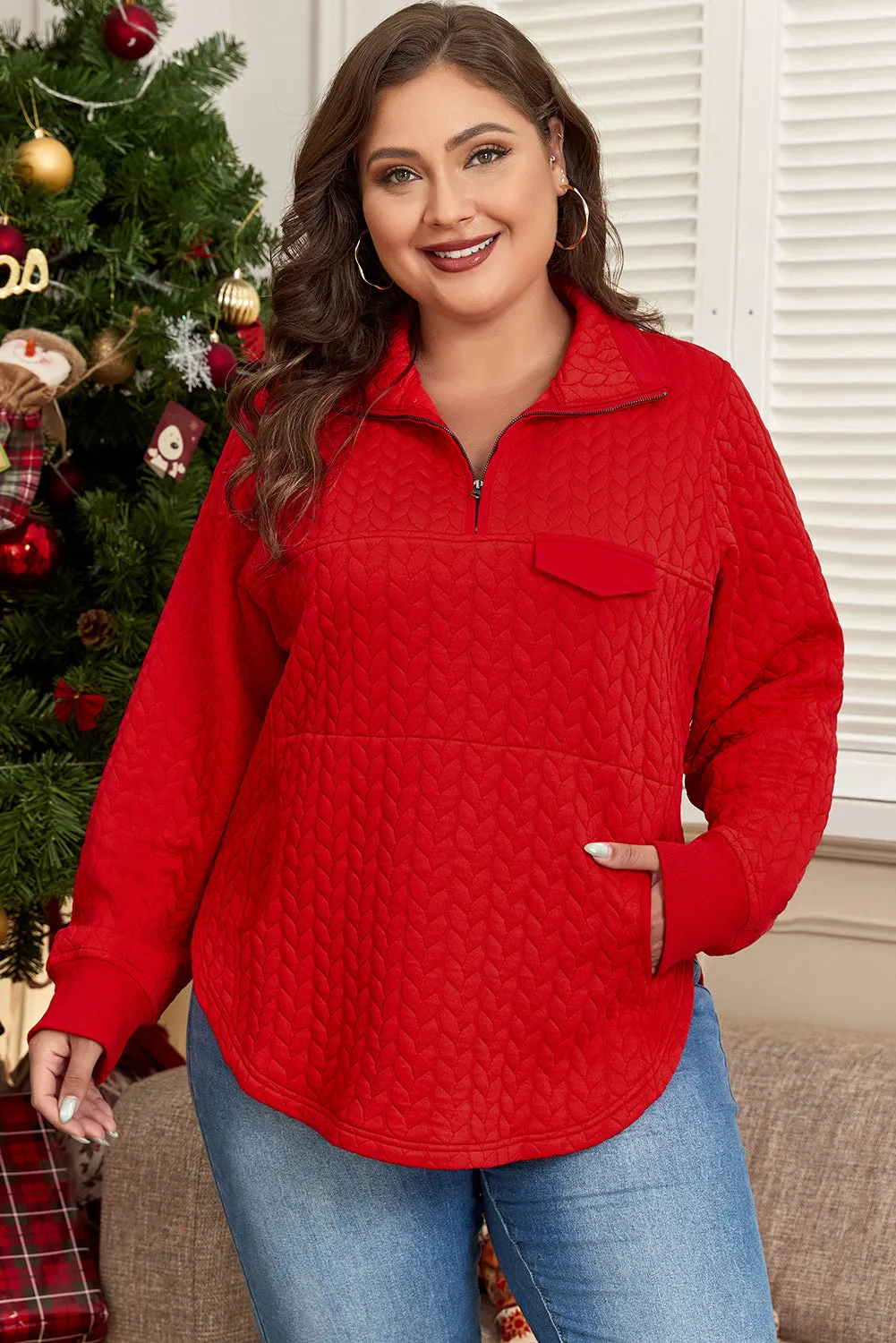 Tomato Red Cable Textured Quarter Zip Pocketed Plus Size Pullover