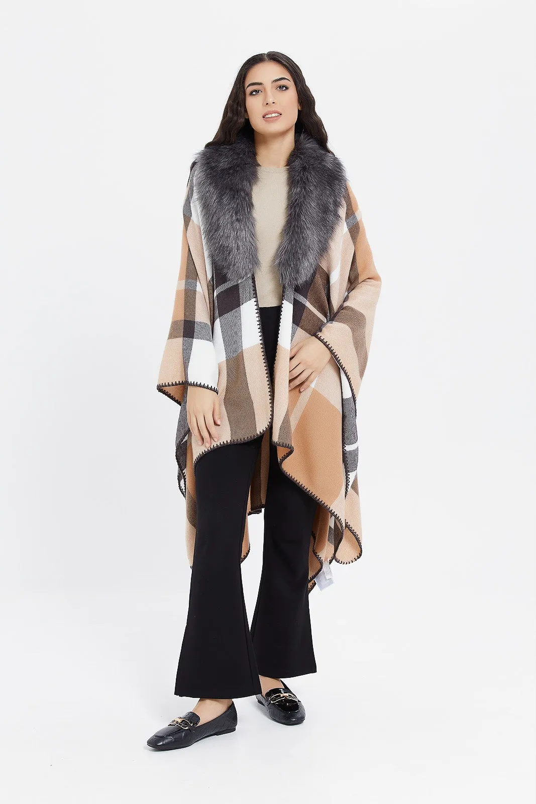 Women Checked Poncho With Fur Trim